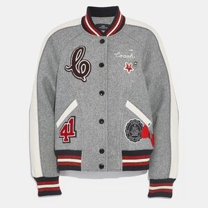 Coach Gray Metallic Patch Wool Varsity Jacket
 with Red and White Details